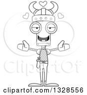 Lineart Clipart Of A Cartoon Black And White Skinny Viking Robot With Open Arms And Hearts Royalty Free Outline Vector Illustration