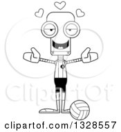 Lineart Clipart Of A Cartoon Black And White Skinny Volleyball Robot With Open Arms And Hearts Royalty Free Outline Vector Illustration