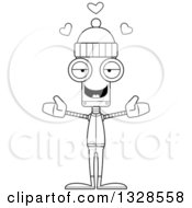 Poster, Art Print Of Cartoon Black And White Skinny Winter Robot With Open Arms And Hearts