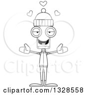 Lineart Clipart Of A Cartoon Black And White Skinny Winter Robot With Open Arms And Hearts Royalty Free Outline Vector Illustration