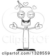 Lineart Clipart Of A Cartoon Black And White Skinny Wizard Robot With Open Arms And Hearts Royalty Free Outline Vector Illustration