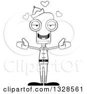 Lineart Clipart Of A Cartoon Black And White Skinny Christmas Elf Robot With Open Arms And Hearts Royalty Free Outline Vector Illustration