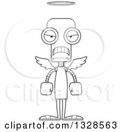 Lineart Clipart Of A Cartoon Black And White Skinny Mad Angel Robot Royalty Free Outline Vector Illustration