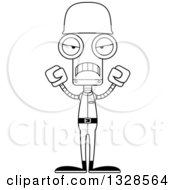 Lineart Clipart Of A Cartoon Black And White Skinny Mad Soldier Robot Royalty Free Outline Vector Illustration