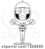 Lineart Clipart Of A Cartoon Black And White Skinny Mad Astronaut Robot Royalty Free Outline Vector Illustration