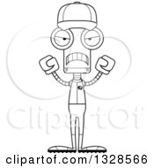 Lineart Clipart Of A Cartoon Black And White Skinny Mad Baseball Player Robot Royalty Free Outline Vector Illustration