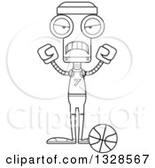 Lineart Clipart Of A Cartoon Black And White Skinny Mad Robot Basketball Player Royalty Free Outline Vector Illustration