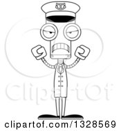 Lineart Clipart Of A Cartoon Black And White Skinny Mad Robot Captain Royalty Free Outline Vector Illustration