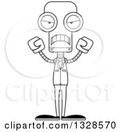 Lineart Clipart Of A Cartoon Black And White Skinny Mad Business Robot Royalty Free Outline Vector Illustration