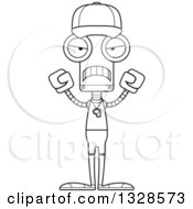 Lineart Clipart Of A Cartoon Black And White Skinny Mad Robot Sports Coach Royalty Free Outline Vector Illustration