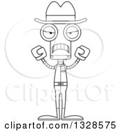 Lineart Clipart Of A Cartoon Black And White Skinny Mad Cowboy Robot Royalty Free Outline Vector Illustration