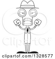 Lineart Clipart Of A Cartoon Black And White Skinny Mad Robot Detective Royalty Free Outline Vector Illustration