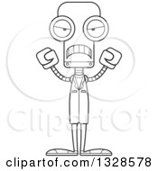 Lineart Clipart Of A Cartoon Black And White Skinny Mad Robot Doctor Royalty Free Outline Vector Illustration