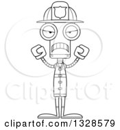 Lineart Clipart Of A Cartoon Black And White Skinny Mad Robot Firefighter Royalty Free Outline Vector Illustration