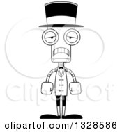 Lineart Clipart Of A Cartoon Black And White Skinny Sad Robot Circus Ringmaster Royalty Free Outline Vector Illustration