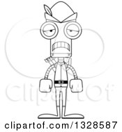 Lineart Clipart Of A Cartoon Black And White Skinny Sad Robin Hood Robot Royalty Free Outline Vector Illustration