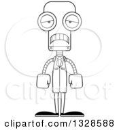 Lineart Clipart Of A Cartoon Black And White Skinny Sad Robot Scientist Royalty Free Outline Vector Illustration