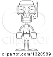 Lineart Clipart Of A Cartoon Black And White Skinny Sad Robot In Snorkel Gear Royalty Free Outline Vector Illustration