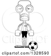 Lineart Clipart Of A Cartoon Black And White Skinny Sad Robot Socer Player Royalty Free Outline Vector Illustration
