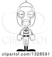 Lineart Clipart Of A Cartoon Black And White Skinny Sad Futuristic Space Robot Royalty Free Outline Vector Illustration