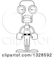 Lineart Clipart Of A Cartoon Black And White Skinny Sad Super Hero Robot Royalty Free Outline Vector Illustration