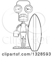 Lineart Clipart Of A Cartoon Black And White Skinny Sad Robot Surfer Royalty Free Outline Vector Illustration