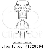 Lineart Clipart Of A Cartoon Black And White Skinny Sad Robot Swimmer Royalty Free Outline Vector Illustration