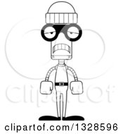 Lineart Clipart Of A Cartoon Black And White Skinny Sad Robot Robber Royalty Free Outline Vector Illustration