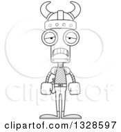 Lineart Clipart Of A Cartoon Black And White Skinny Sad Viking Robot Royalty Free Outline Vector Illustration