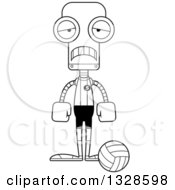 Lineart Clipart Of A Cartoon Black And White Skinny Sad Robot Volleyball Player Royalty Free Outline Vector Illustration