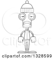 Poster, Art Print Of Cartoon Black And White Skinny Sad Winter Robot