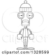 Lineart Clipart Of A Cartoon Black And White Skinny Sad Winter Robot Royalty Free Outline Vector Illustration