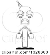 Lineart Clipart Of A Cartoon Black And White Skinny Sad Robot Wizard Royalty Free Outline Vector Illustration