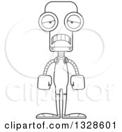 Lineart Clipart Of A Cartoon Black And White Skinny Sad Robot Wrestker Royalty Free Outline Vector Illustration