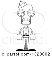 Lineart Clipart Of A Cartoon Black And White Skinny Sad Robot Christmas Elf Royalty Free Outline Vector Illustration