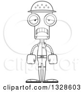 Lineart Clipart Of A Cartoon Black And White Skinny Sad Zookeeper Robot Royalty Free Outline Vector Illustration