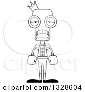 Lineart Clipart Of A Cartoon Black And White Skinny Sad Robot Prince Royalty Free Outline Vector Illustration