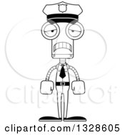 Lineart Clipart Of A Cartoon Black And White Skinny Sad Robot Police Officer Royalty Free Outline Vector Illustration