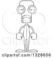 Lineart Clipart Of A Cartoon Black And White Skinny Sad Robot In Pjs Royalty Free Outline Vector Illustration