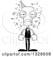 Lineart Clipart Of A Cartoon Black And White Skinny Sad Party Robot Royalty Free Outline Vector Illustration