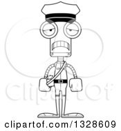 Lineart Clipart Of A Cartoon Black And White Skinny Sad Robot Mailman Royalty Free Outline Vector Illustration