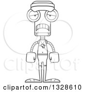 Lineart Clipart Of A Cartoon Black And White Skinny Sad Robot Lifeguard Royalty Free Outline Vector Illustration