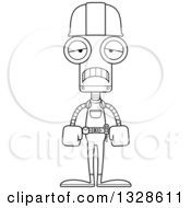 Lineart Clipart Of A Cartoon Black And White Skinny Sad Robot Construction Worker Royalty Free Outline Vector Illustration