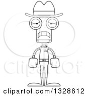 Lineart Clipart Of A Cartoon Black And White Skinny Sad Robot Cowboy Royalty Free Outline Vector Illustration