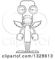 Lineart Clipart Of A Cartoon Black And White Skinny Sad Robot Cupid Royalty Free Outline Vector Illustration