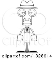Lineart Clipart Of A Cartoon Black And White Skinny Sad Robot Detective Royalty Free Outline Vector Illustration