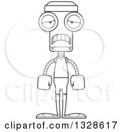 Lineart Clipart Of A Cartoon Black And White Skinny Sad Fitness Robot Royalty Free Outline Vector Illustration
