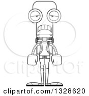 Lineart Clipart Of A Cartoon Black And White Skinny Sad Robot Hiker Royalty Free Outline Vector Illustration