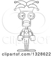 Lineart Clipart Of A Cartoon Black And White Skinny Sad Robot Jester Royalty Free Outline Vector Illustration