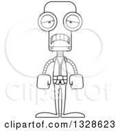 Lineart Clipart Of A Cartoon Black And White Skinny Sad Karate Robot Royalty Free Outline Vector Illustration